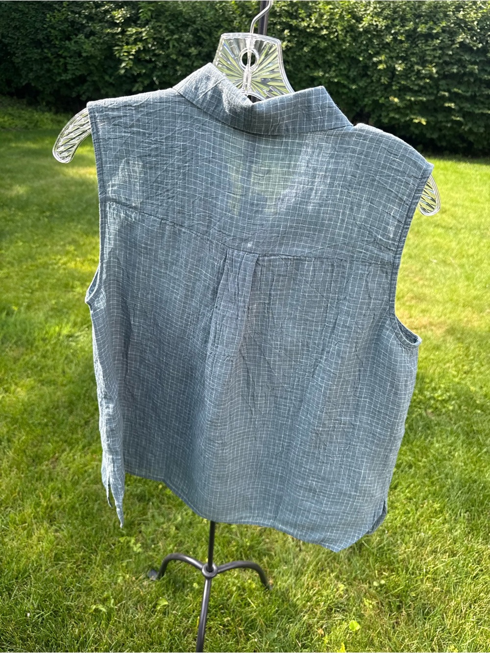 Eileen Fisher Organic Linen Grid Sleeveless Button Shirt Nile S NWT - Picture 15 of 16